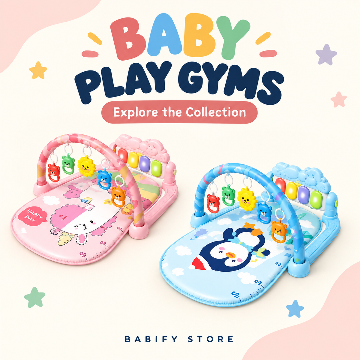 Pink and blue baby piano play gyms with illustrated mats and hanging animal toys.