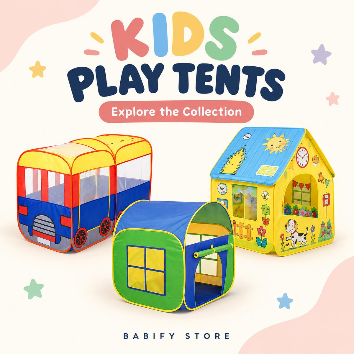 Kids play tents featuring a colorful bus tent, green and blue pop-up tent, and yellow playhouse with a blue roof.