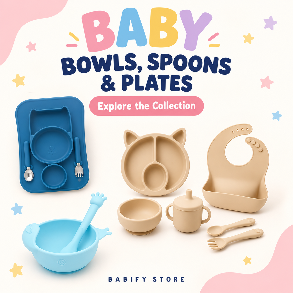 Baby bowls, spoons and plates featuring a blue bowl with spoon, blue divided plate and beige feeding set