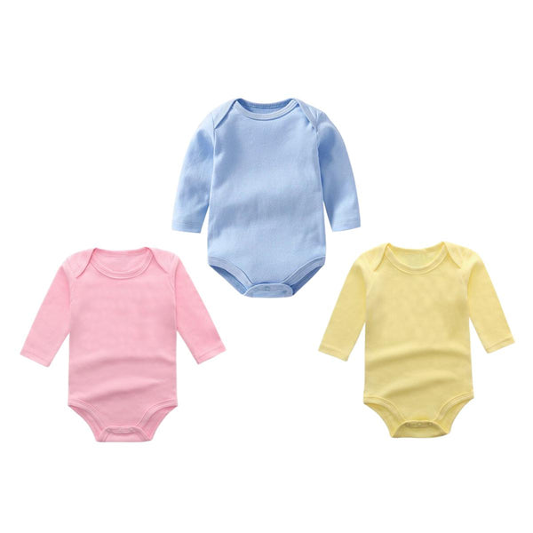 Set of 3 soft and breathable full-sleeve baby bodysuits/rompers in assorted colors. Features snap closures for easy diaper changes. Available in sizes 0-12 months.