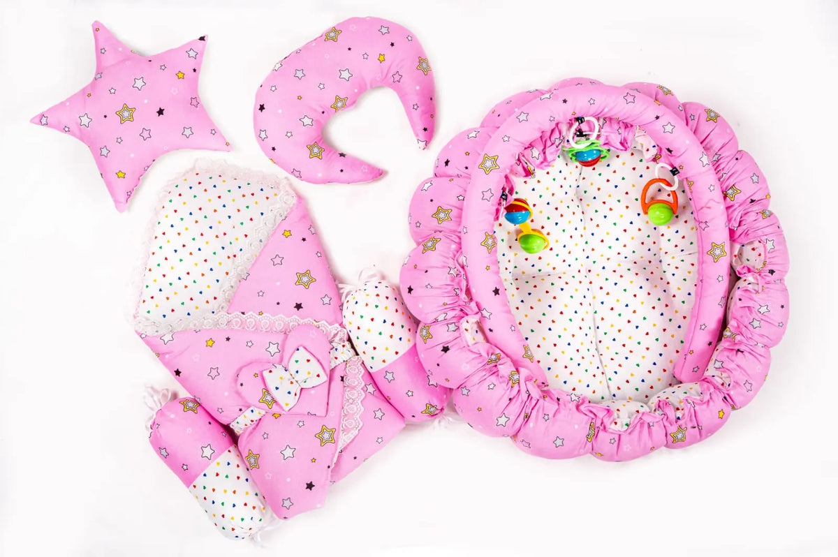 Pink Star Baby Snuggle Nest Bed Set with Carry Wrap and Pillows in Pakistan