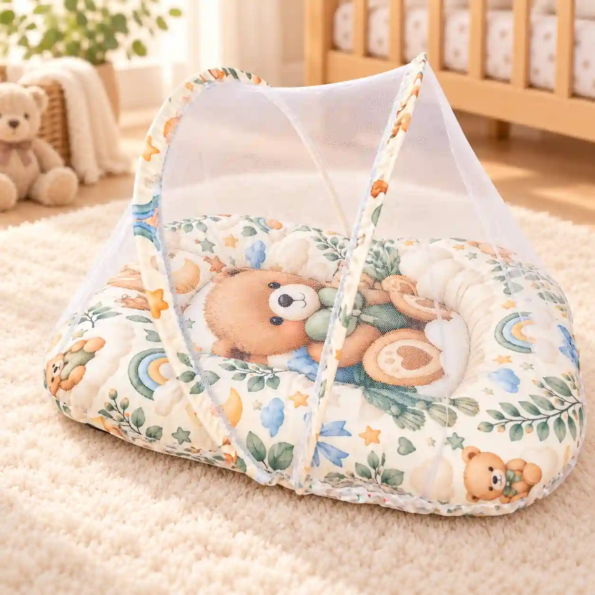 Baby Carry Nest with Mosquito Net Teddy Bear Print in Pakistan