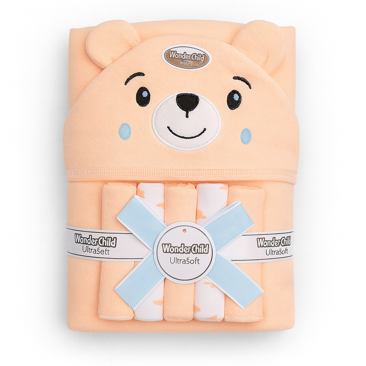 Adorable baby character hooded bath towel made from soft, absorbent fabric. Perfect for keeping your little one warm and cozy after bath time.