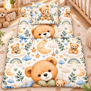Baby Blanket with Teddy Bear Moon Cloud and Rainbow Print