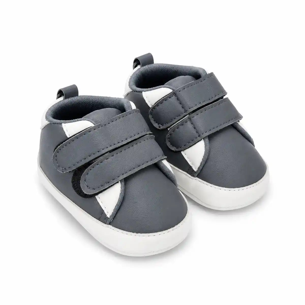 Grey and white baby soft sole first walker shoes with double Velcro straps – angled view