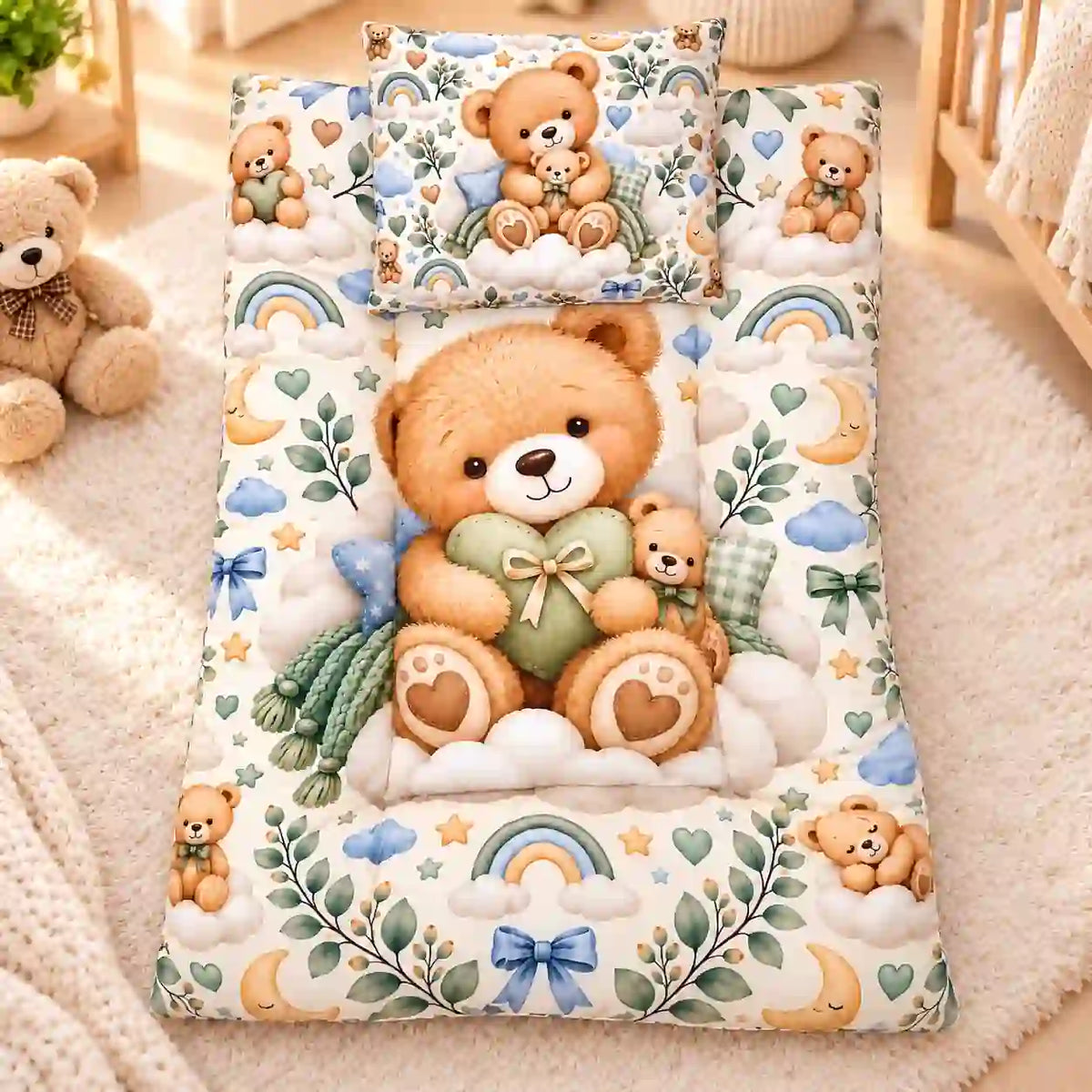 Cushioned Baby Mattress with Teddy Bear Moon Cloud and Rainbow Print
