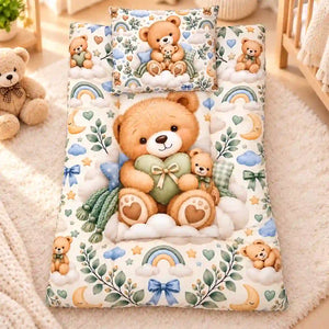 Cushioned Baby Mattress with Teddy Bear Moon Cloud and Rainbow Print