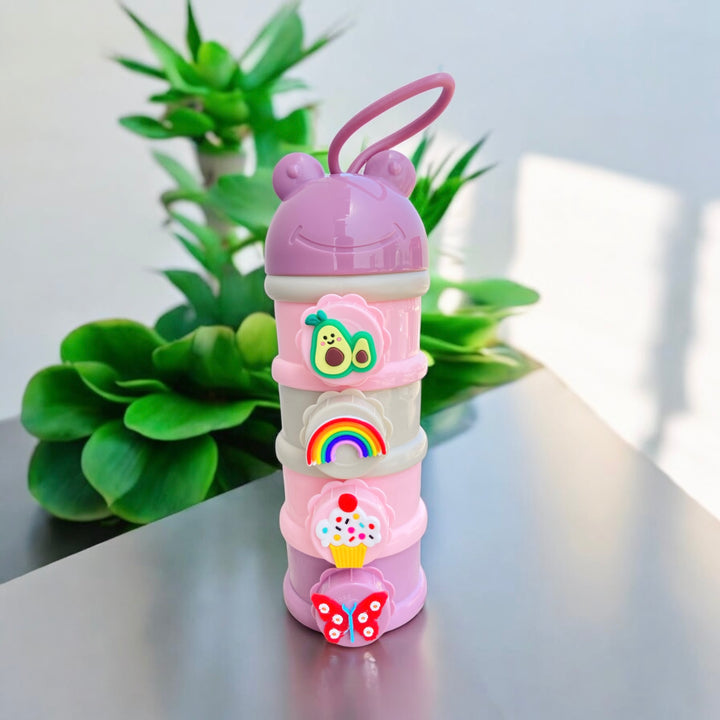Compact and BPA-free baby formula dispenser with 4 stackable compartments, ideal for storing milk powder, snacks, or baby food while traveling.