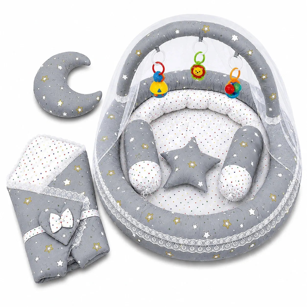 Baby Snuggle Nest Bed Set Grey Star with Mosquito Net in Pakistan