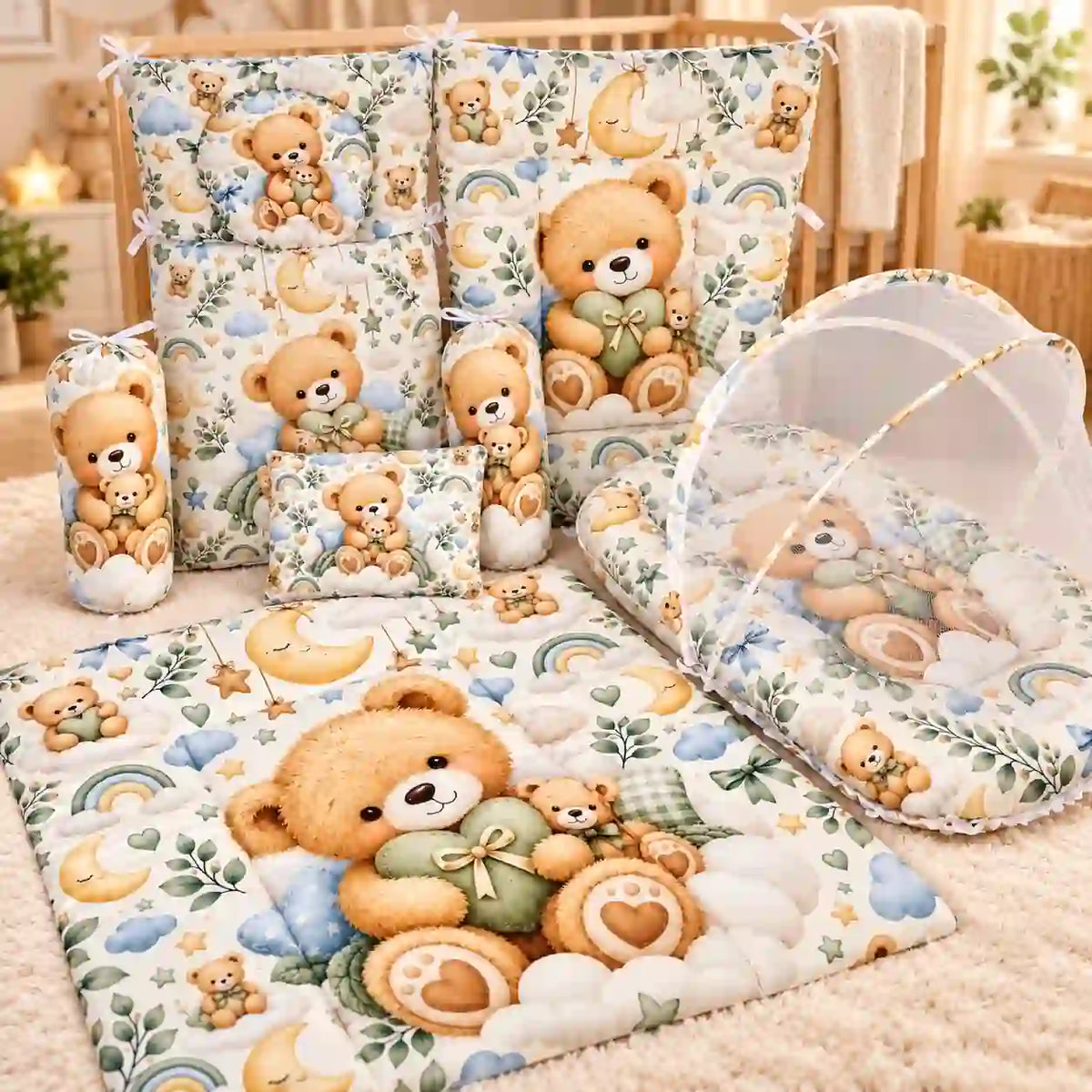 8-Piece Baby Bedding Set with Mosquito Net and Carry Nest Teddy Bear Print in Pakistan