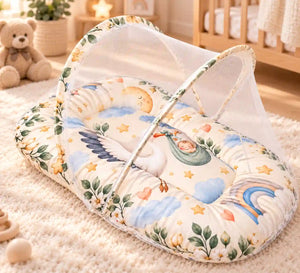 Cushioned Baby Mattress with Stork Rainbow Cloud and Floral Print