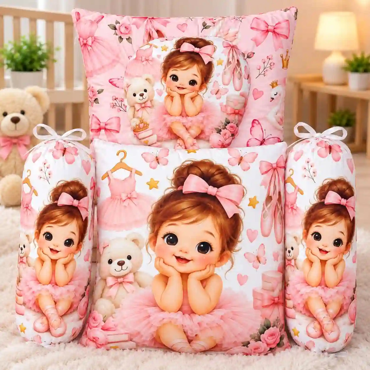 Ballerina Girl Baby Bedding Set with Pink Teddy Bear and Ballet Print