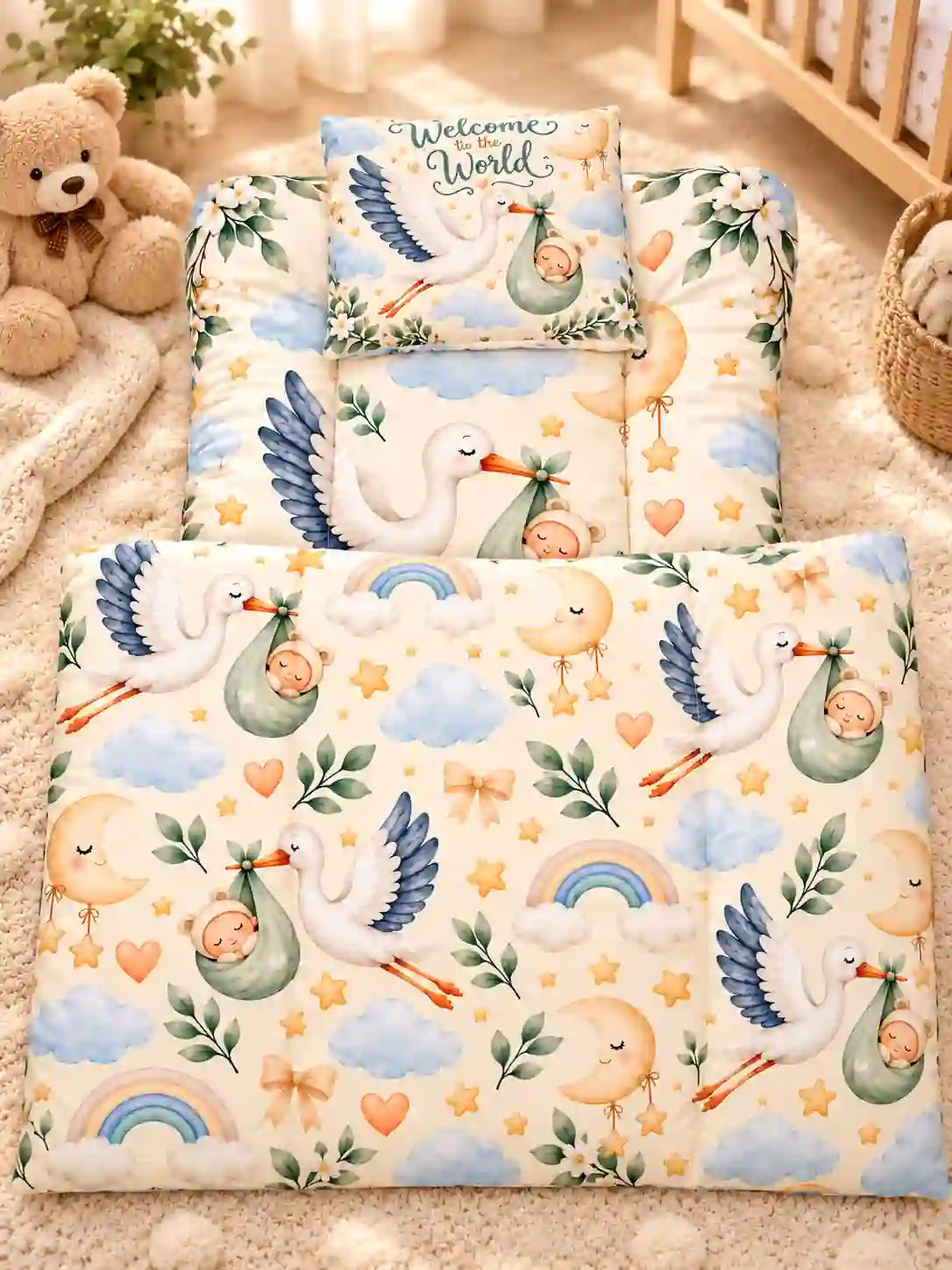 Welcome to the World Baby Bedding Set with Matching Bolster Pillows