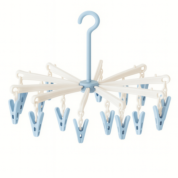 Blue baby foldable clothes dryer hanger with 20 clips and rotating hook
