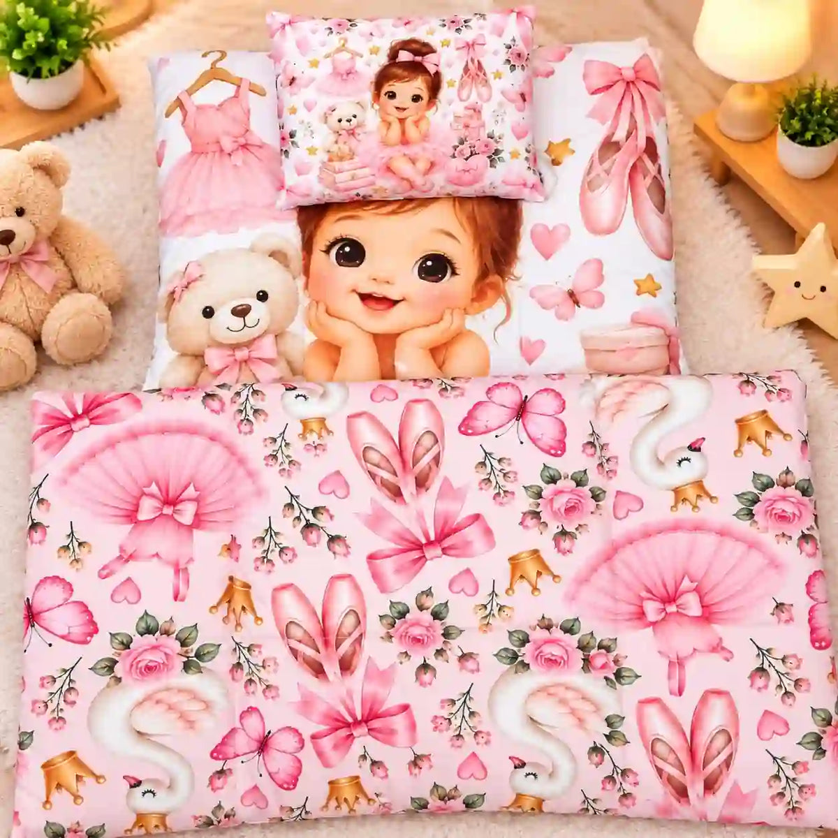 Cushioned Baby Mattress with Ballerina Girl Teddy Bear and Ballet Shoes Print