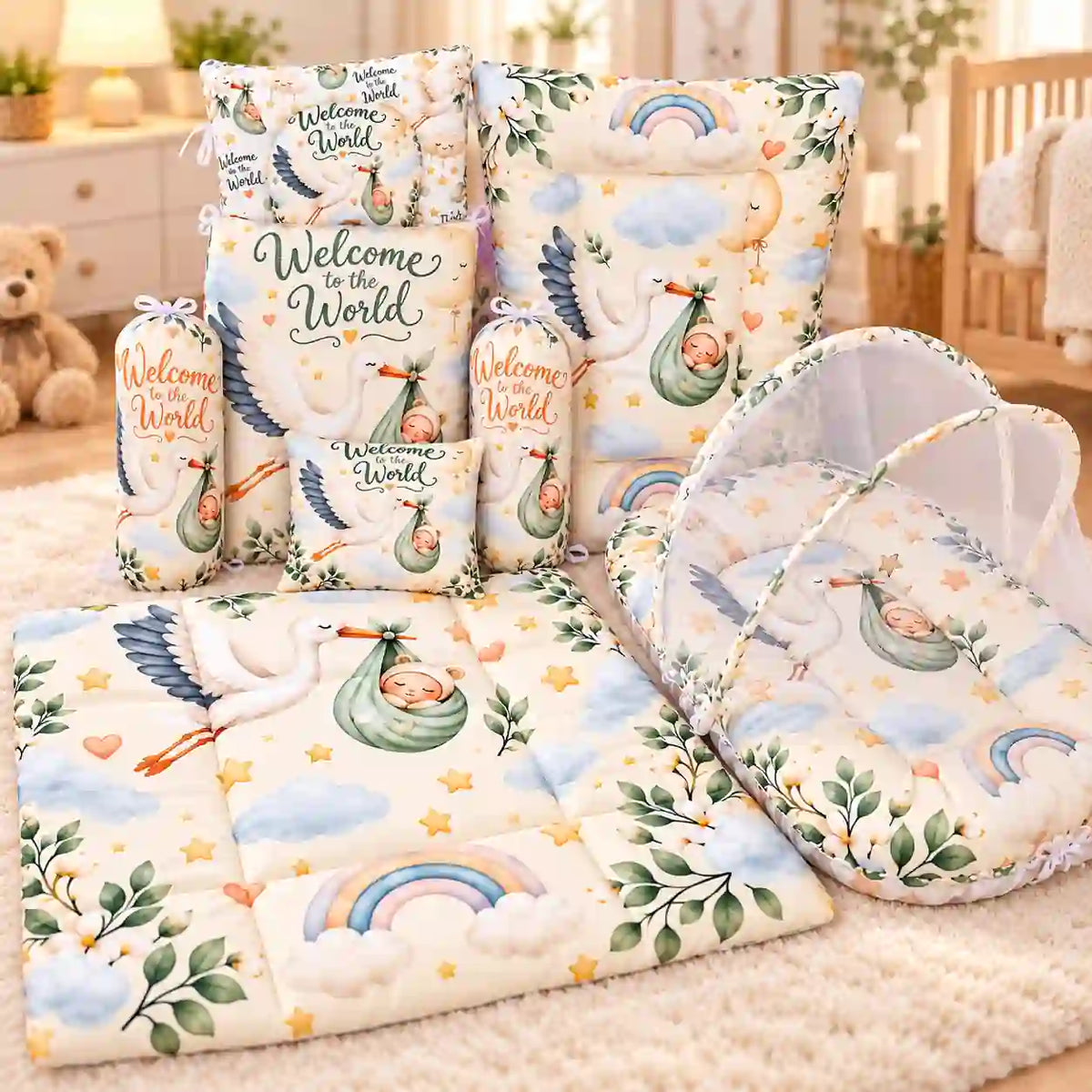 8-Piece Baby Bedding Set with Mosquito Net and Carry Nest Welcome to the World Print in Pakistan