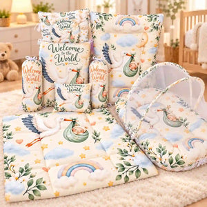 8-Piece Baby Bedding Set with Mosquito Net and Carry Nest Welcome to the World Print in Pakistan