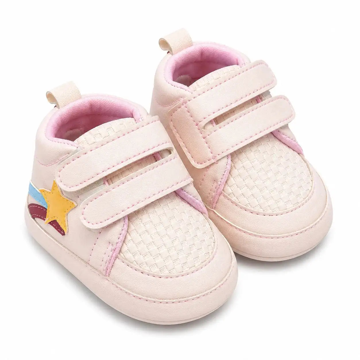 Baby pink double strap first walker shoes with textured upper, cushioned lining and colorful star side patch