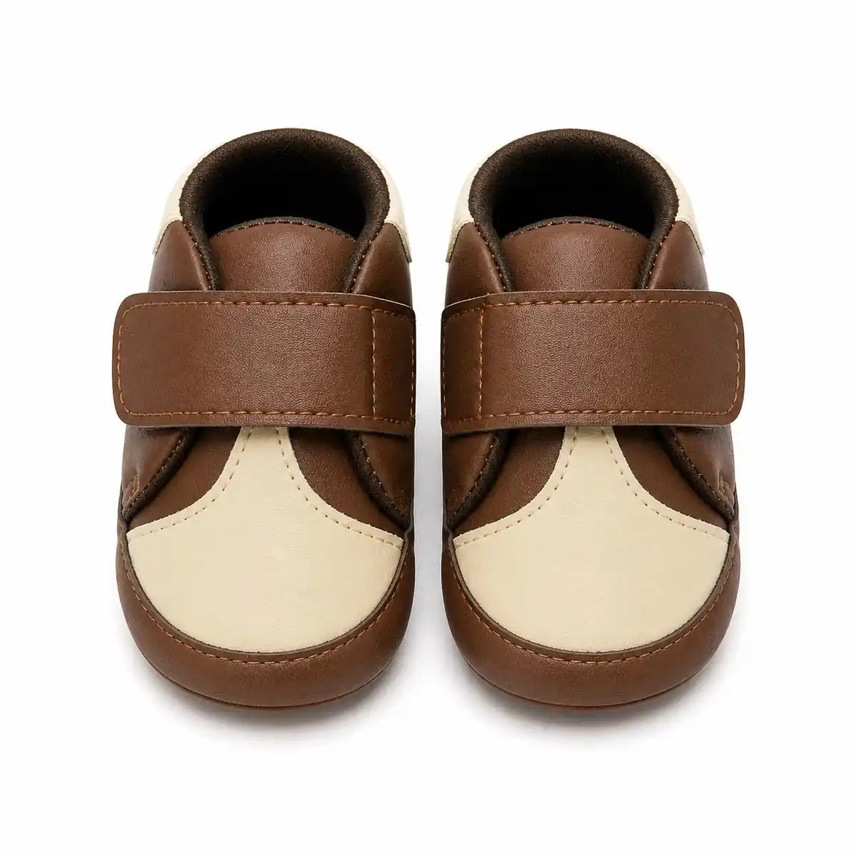 Baby brown and cream first walker shoes with wide strap and soft sole – front view