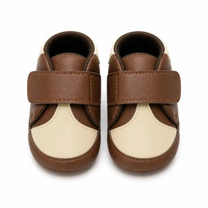 Baby brown and cream first walker shoes with wide strap and soft sole – front view