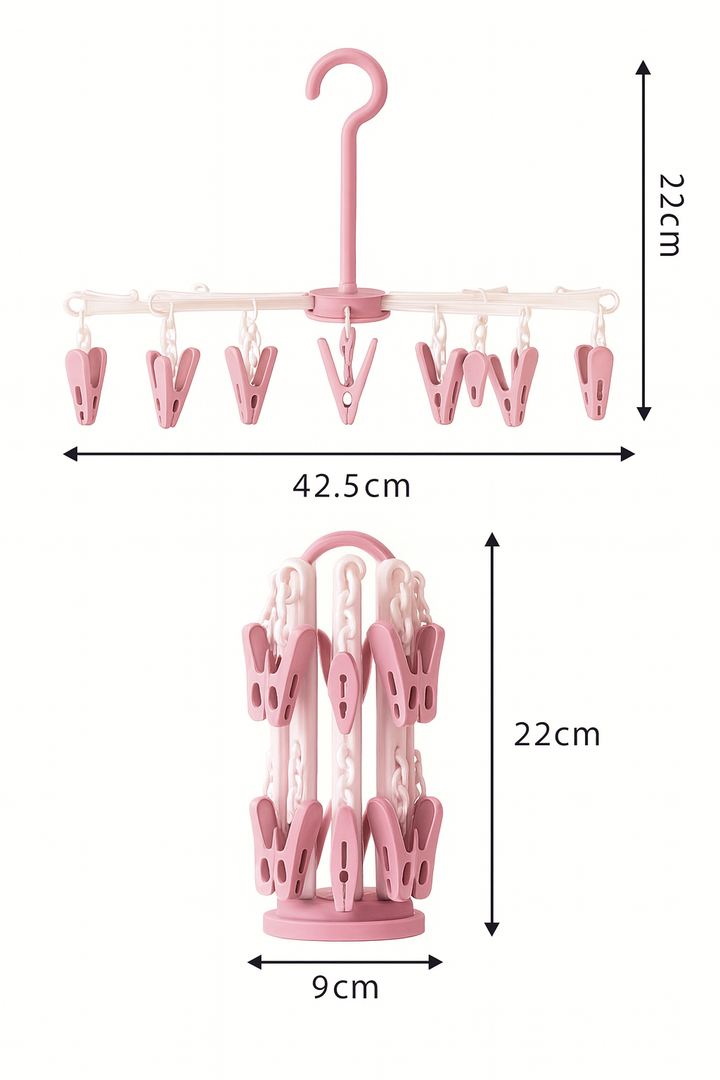 Pink baby foldable clothes dryer hanger with 20 clips and rotating hook
