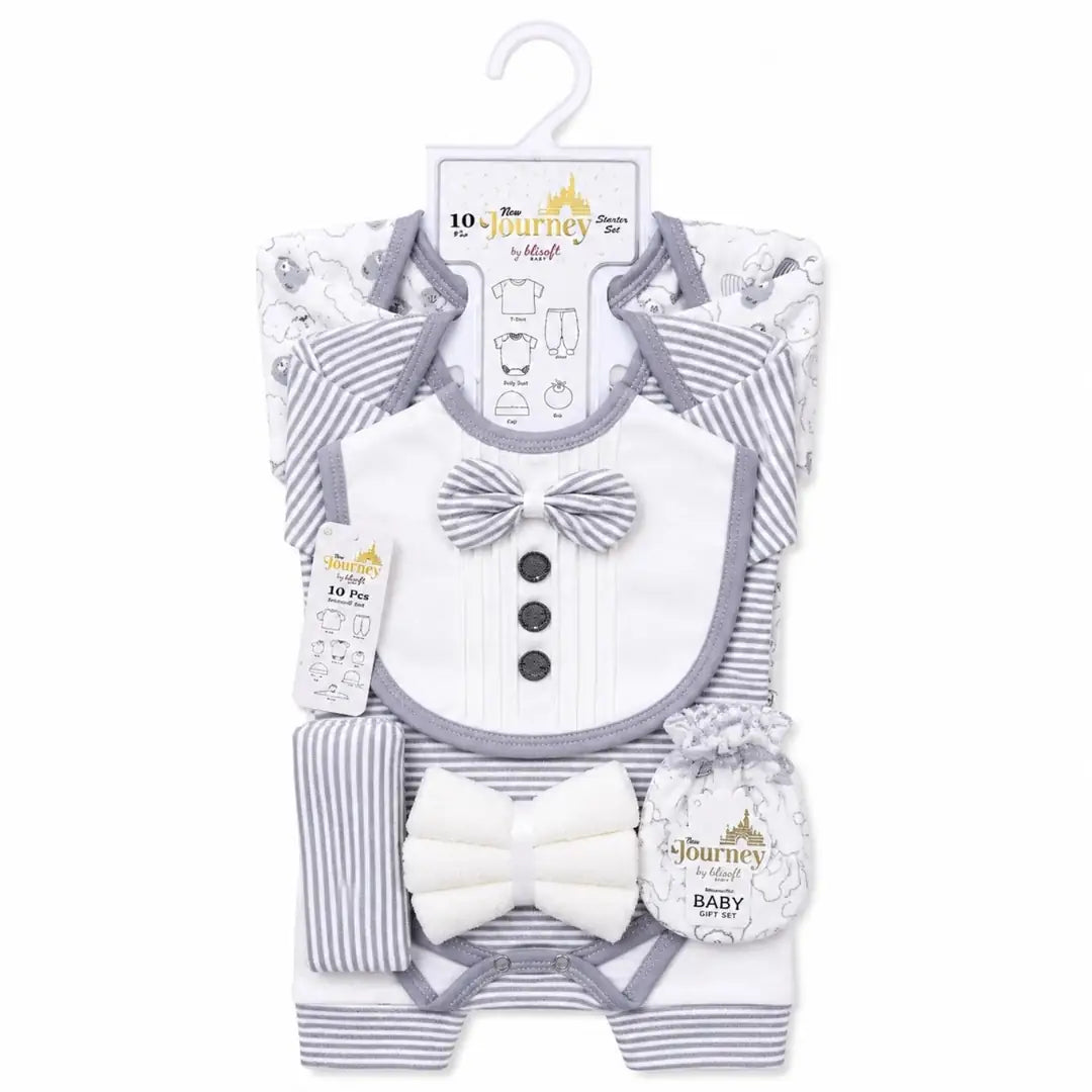 10 pcs newborn baby starter set grey with bib and clothing essentials