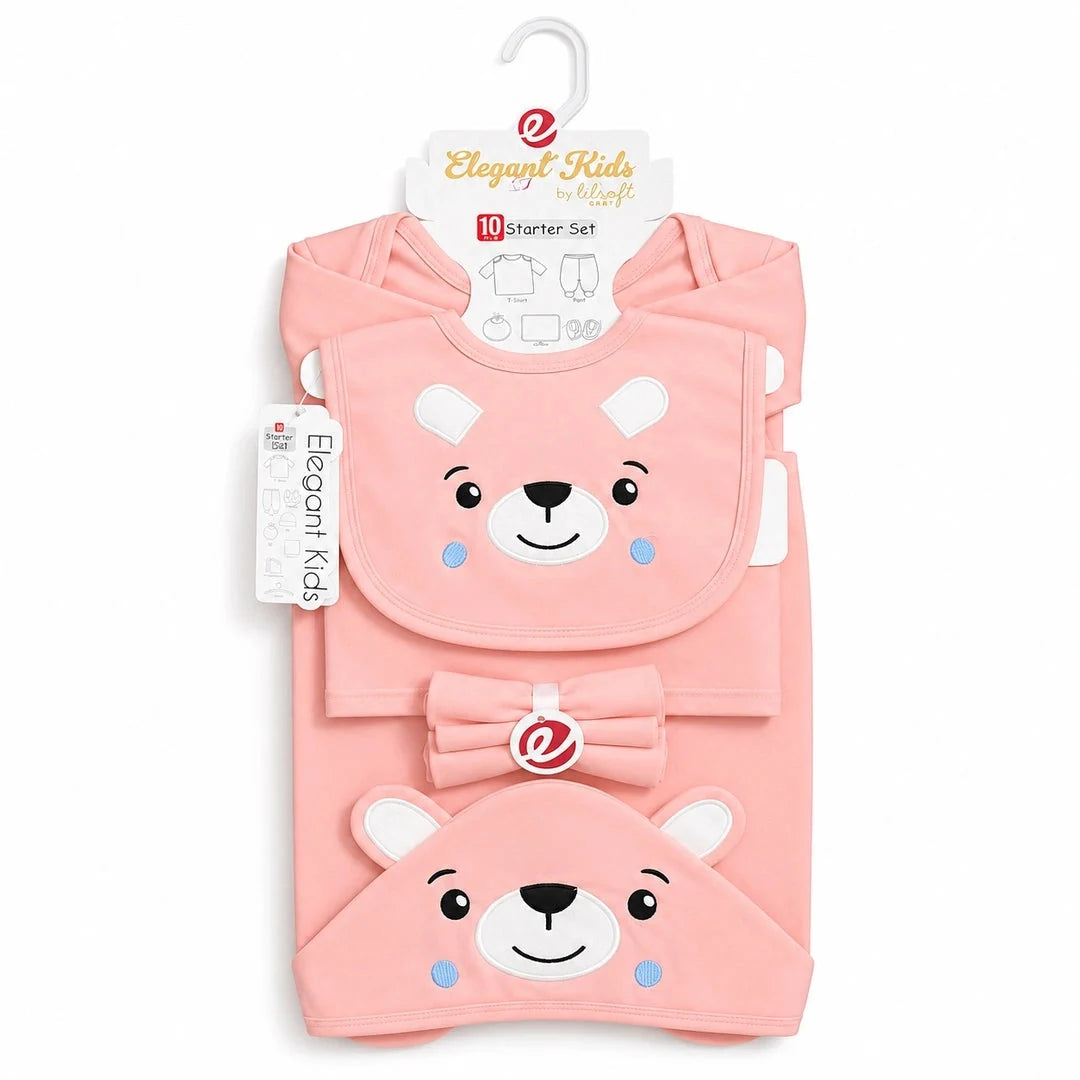 Pink 10 Pcs Newborn Baby Starter Set with T-Shirt Pant Bib Cap Booties Blanket and Washcloths