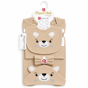 Brown 10 Pcs Baby Starter Set in Soft Breathable Cotton Fabric for Newborns 0 to 3 Months