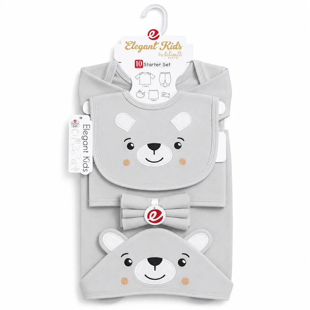Grey 10 Pcs Newborn Baby Clothing Starter Set with Bear Design and Essential Baby Accessories