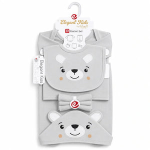 Grey 10 Pcs Newborn Baby Clothing Starter Set with Bear Design and Essential Baby Accessories