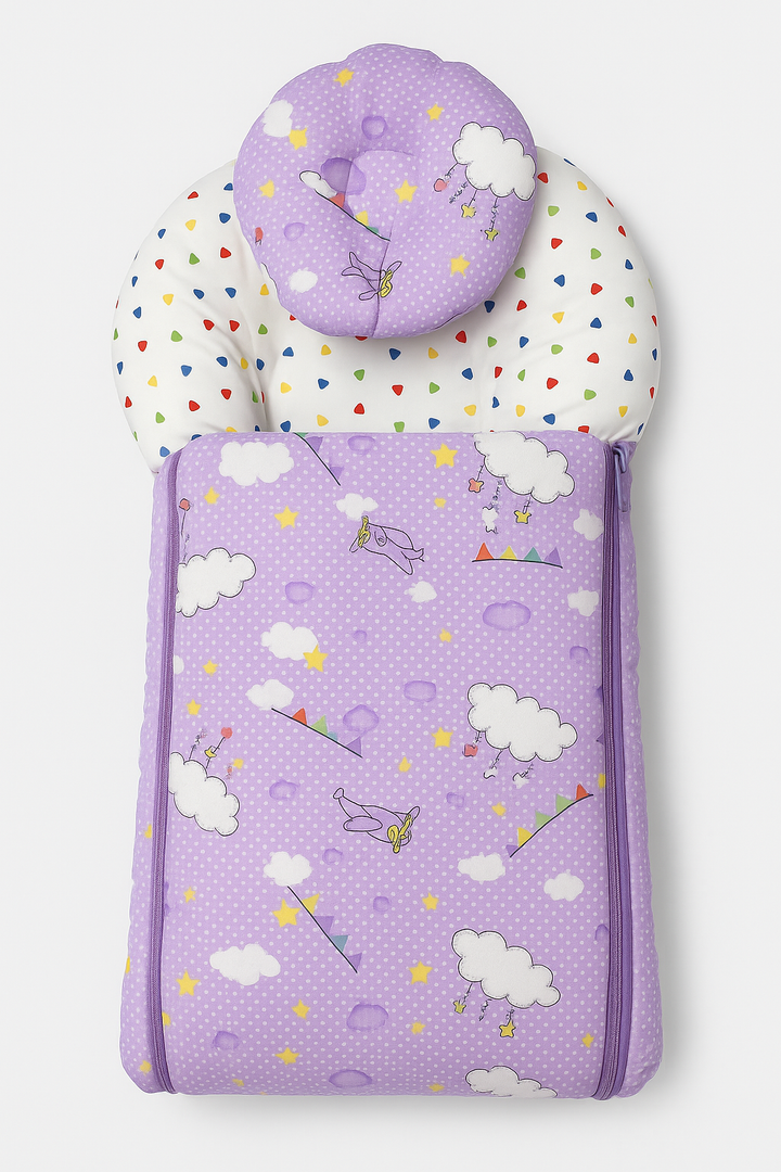Baby Carry Nest with Pillow Purple Cloud Print – Soft Cotton Comfortable Newborn Sleeping Nest in Pakistan