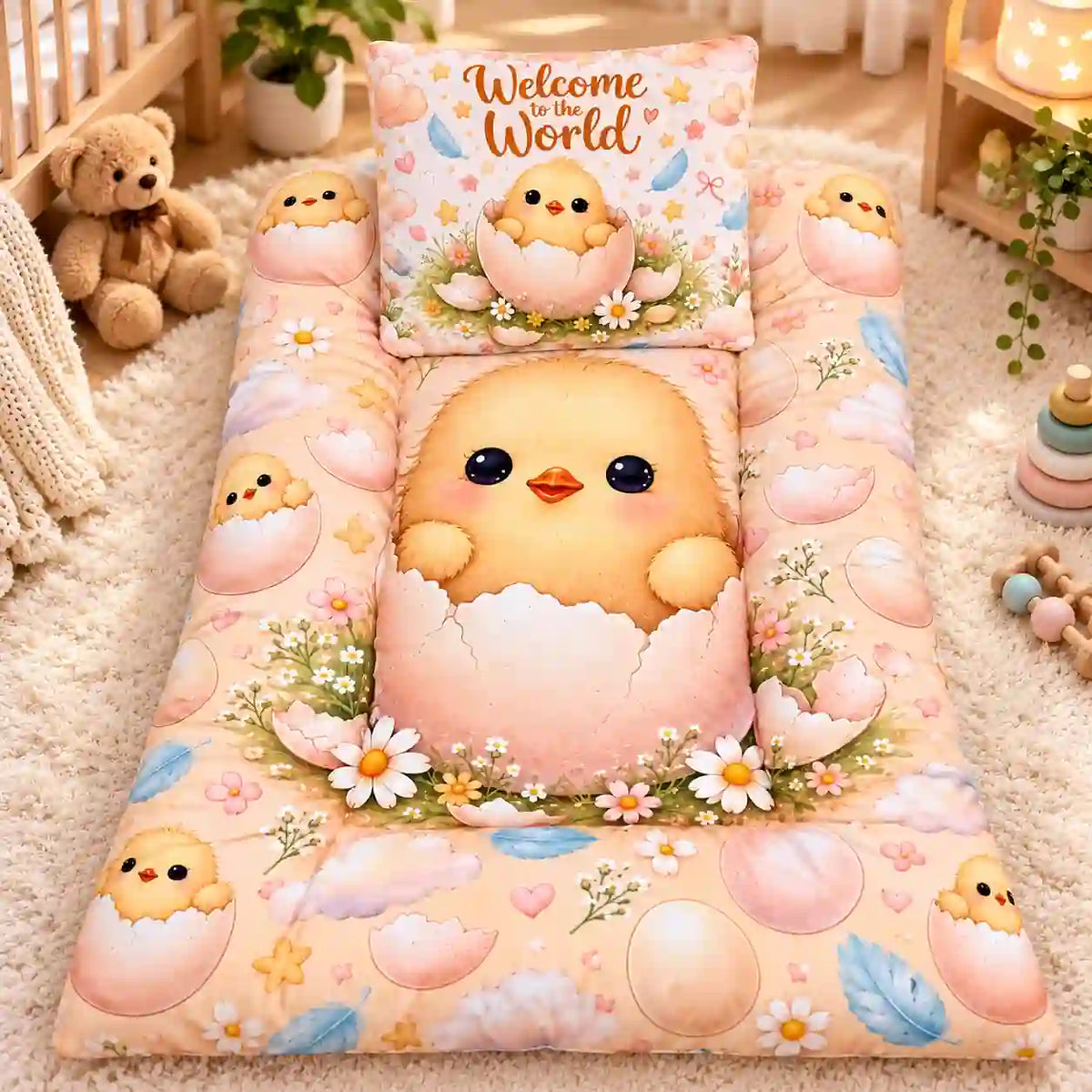 Baby Blanket with Chick Eggshell Floral and Feather Print