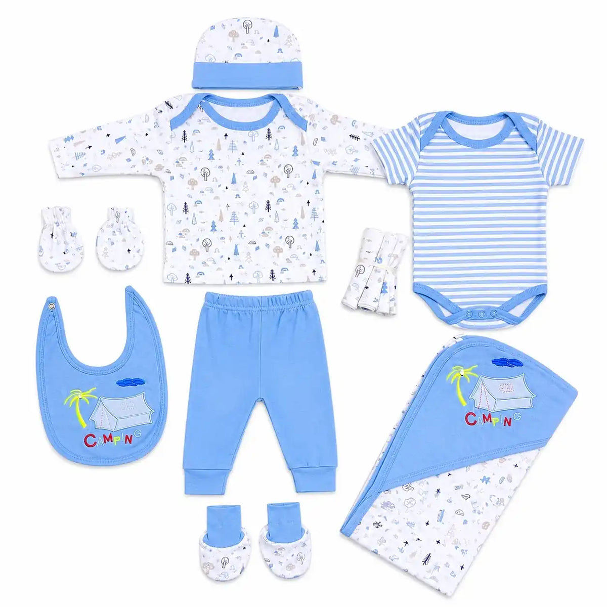 11 Pcs Baby Starter Set Blue Camping Design with Bodysuit, Shirt, Pant, Bib, Cap, Mittens, Booties and Wrapping Sheet