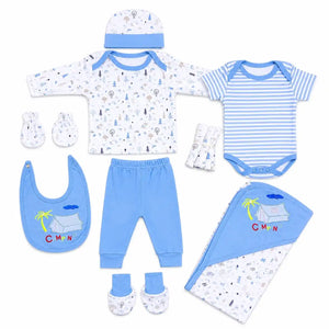 11 Pcs Baby Starter Set Blue Camping Design with Bodysuit, Shirt, Pant, Bib, Cap, Mittens, Booties and Wrapping Sheet