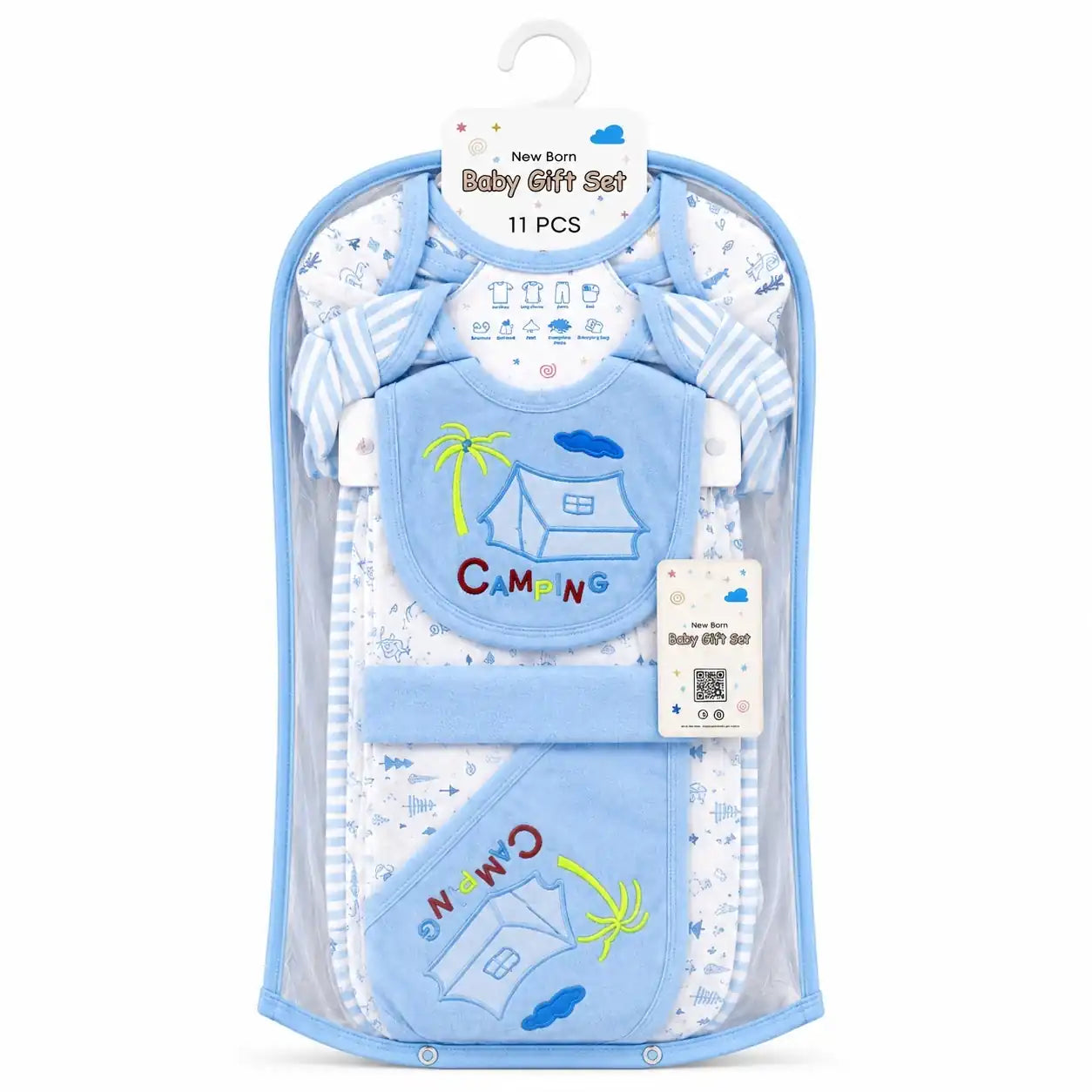 11 Pcs Newborn Baby Starter Set Blue Camping Design in Gift Packaging