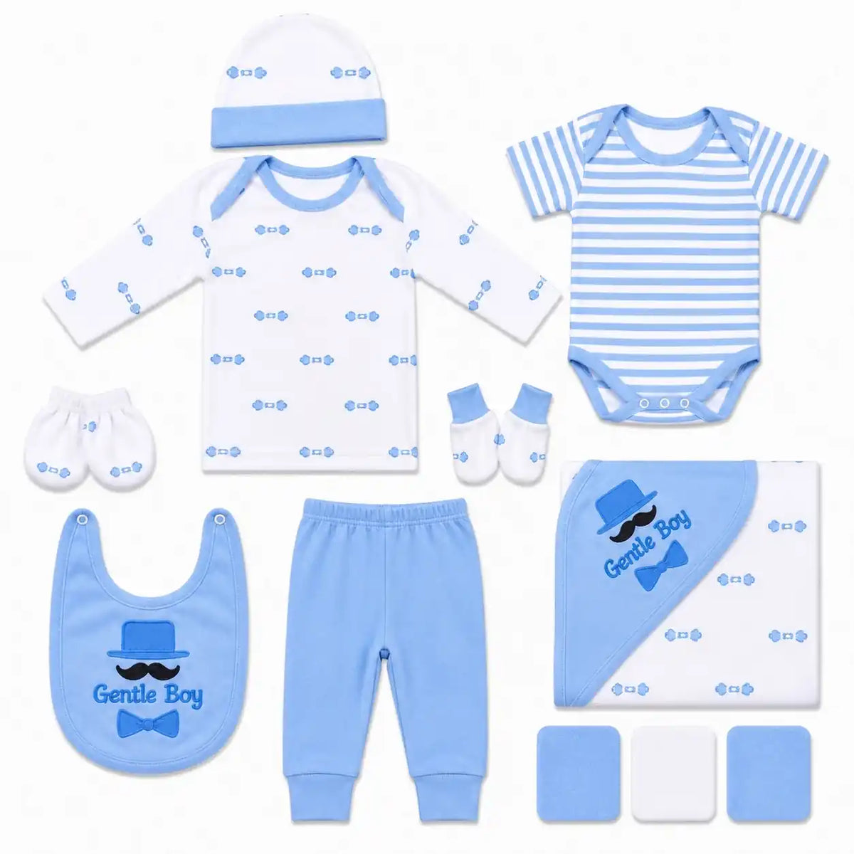 11 Pcs Sky Blue Gentle Boy Baby Starter Set with Bodysuit, Shirt, Pant, Bib, Cap, Mittens, Booties and Wrapping Sheet