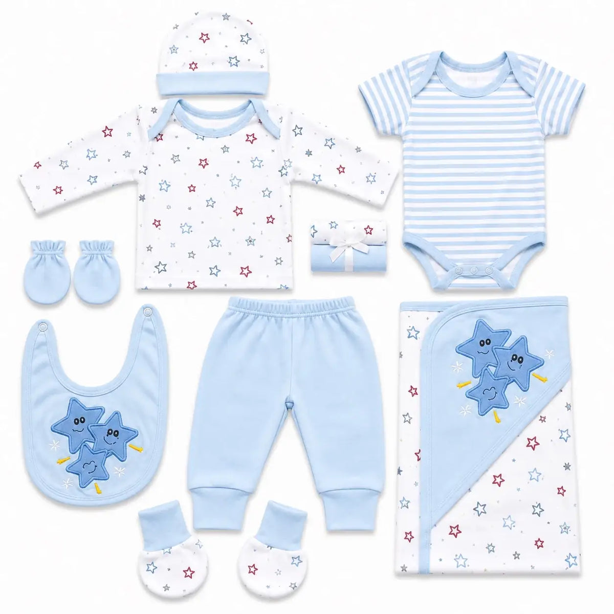 11 Pcs Newborn Baby Starter Set Sky Blue Star Print Clothing Set with Wrapping Sheet, Bib, Cap and Baby Clothes