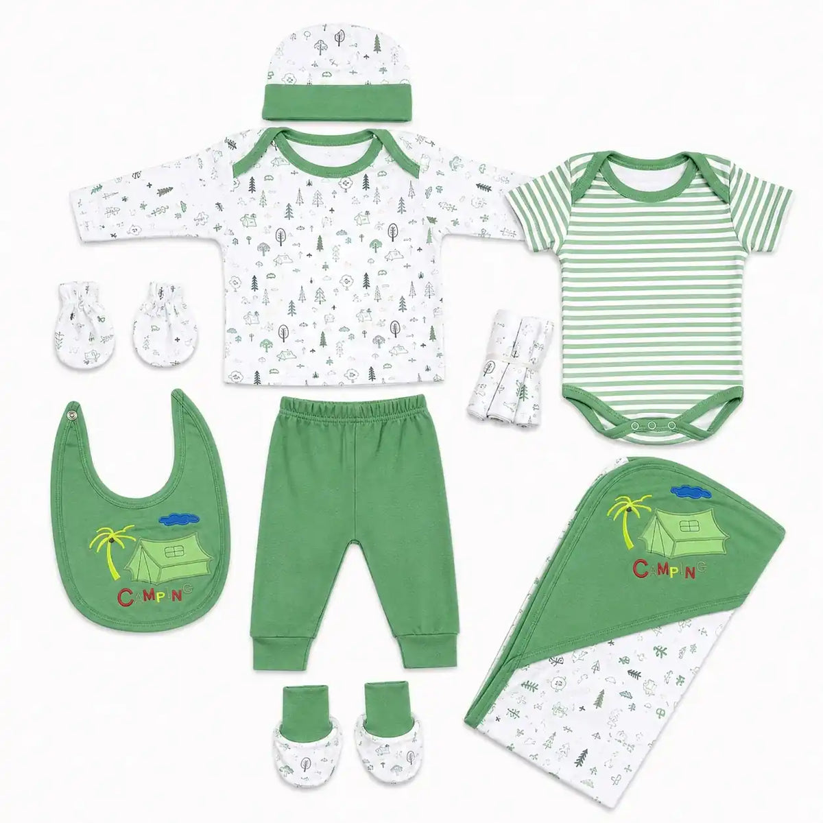 11 Pcs Baby Starter Set Green Camping Design with Bodysuit, Shirt, Pant, Bib, Cap, Mittens, Booties and Wrapping Sheet