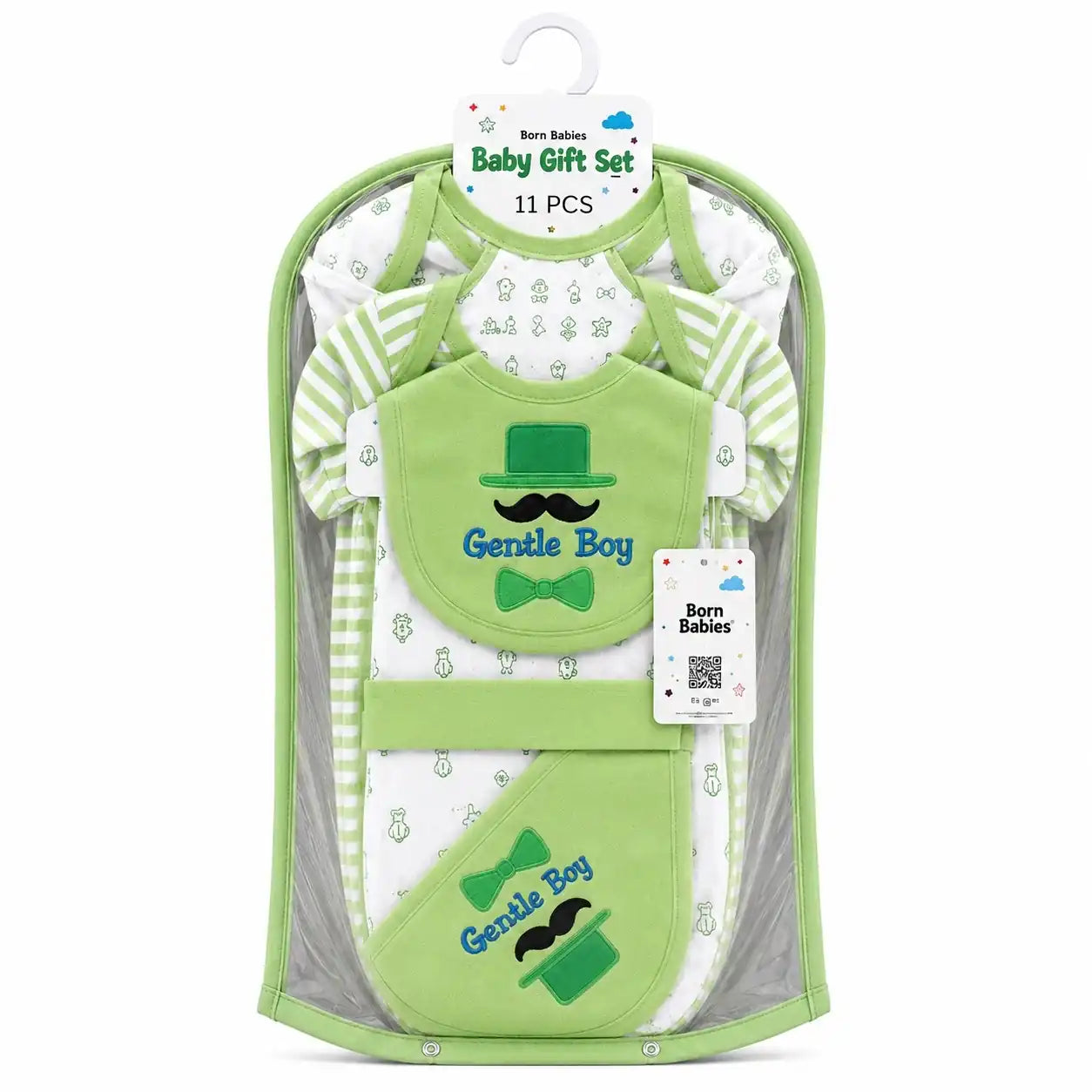 11 Pcs Newborn Baby Starter Set Light Green Gentle Boy Design in Gift Packaging