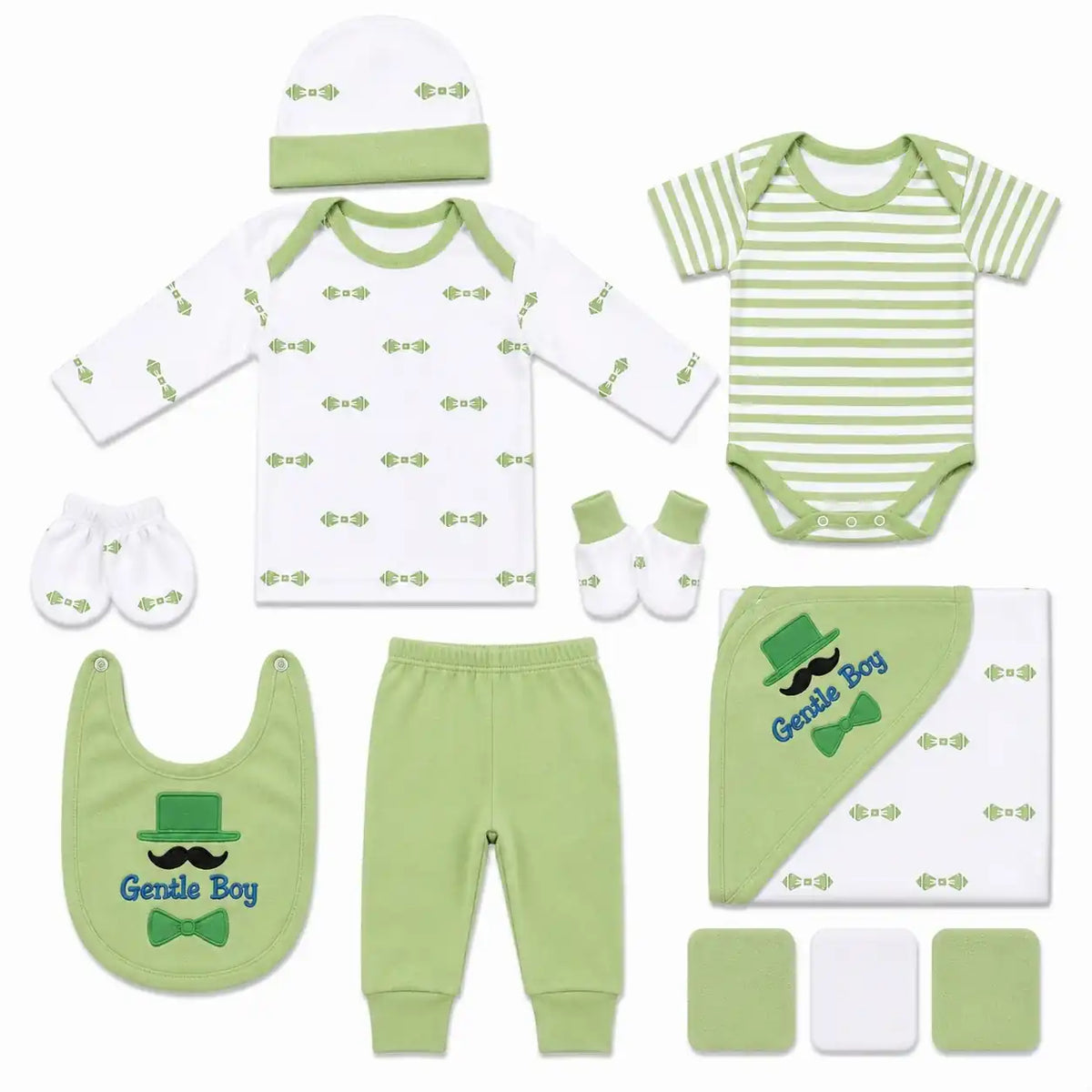 11 Pcs Light Green Gentle Boy Baby Starter Set with Bodysuit, Shirt, Pant, Bib, Cap, Mittens, Booties and Wrapping Sheet