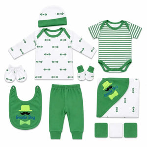 11 Pcs Green Gentle Boy Baby Starter Set with Bodysuit, Shirt, Pant, Bib, Cap, Mittens, Booties and Wrapping Sheet