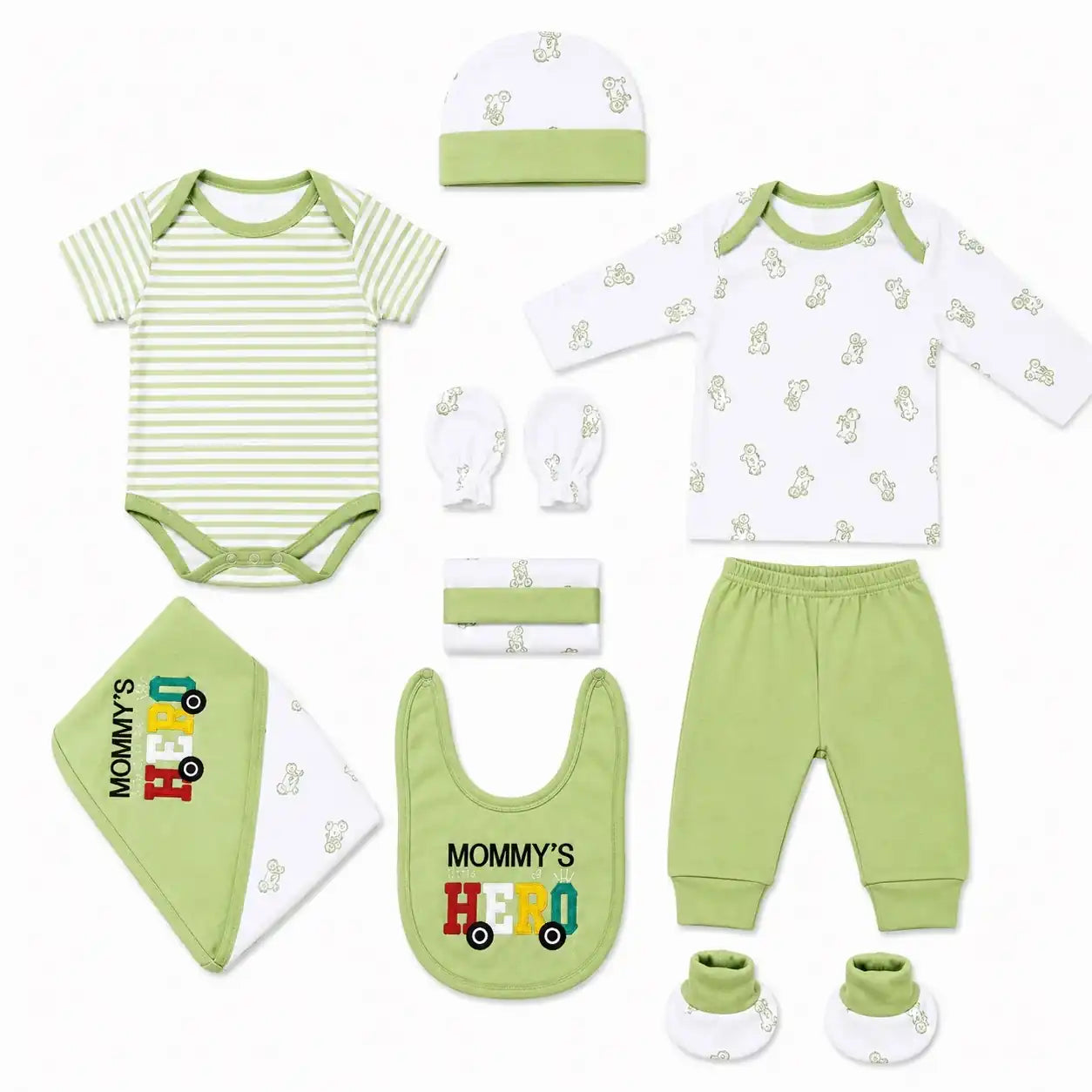 11 Pcs Baby Starter Set Green Mommy’s Hero Design with Bodysuit, Shirt, Pant, Bib, Cap, Mittens, Booties and Wrapping Sheet
