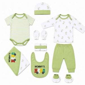 11 Pcs Baby Starter Set Green Mommy’s Hero Design with Bodysuit, Shirt, Pant, Bib, Cap, Mittens, Booties and Wrapping Sheet