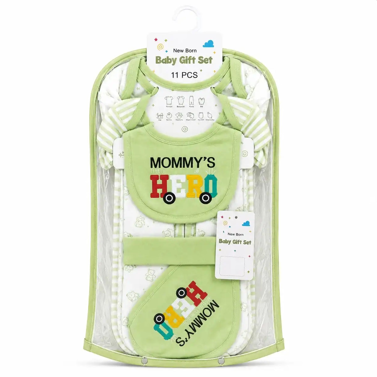11 Pcs Newborn Baby Starter Set Green Mommy’s Hero Design in Gift Packaging