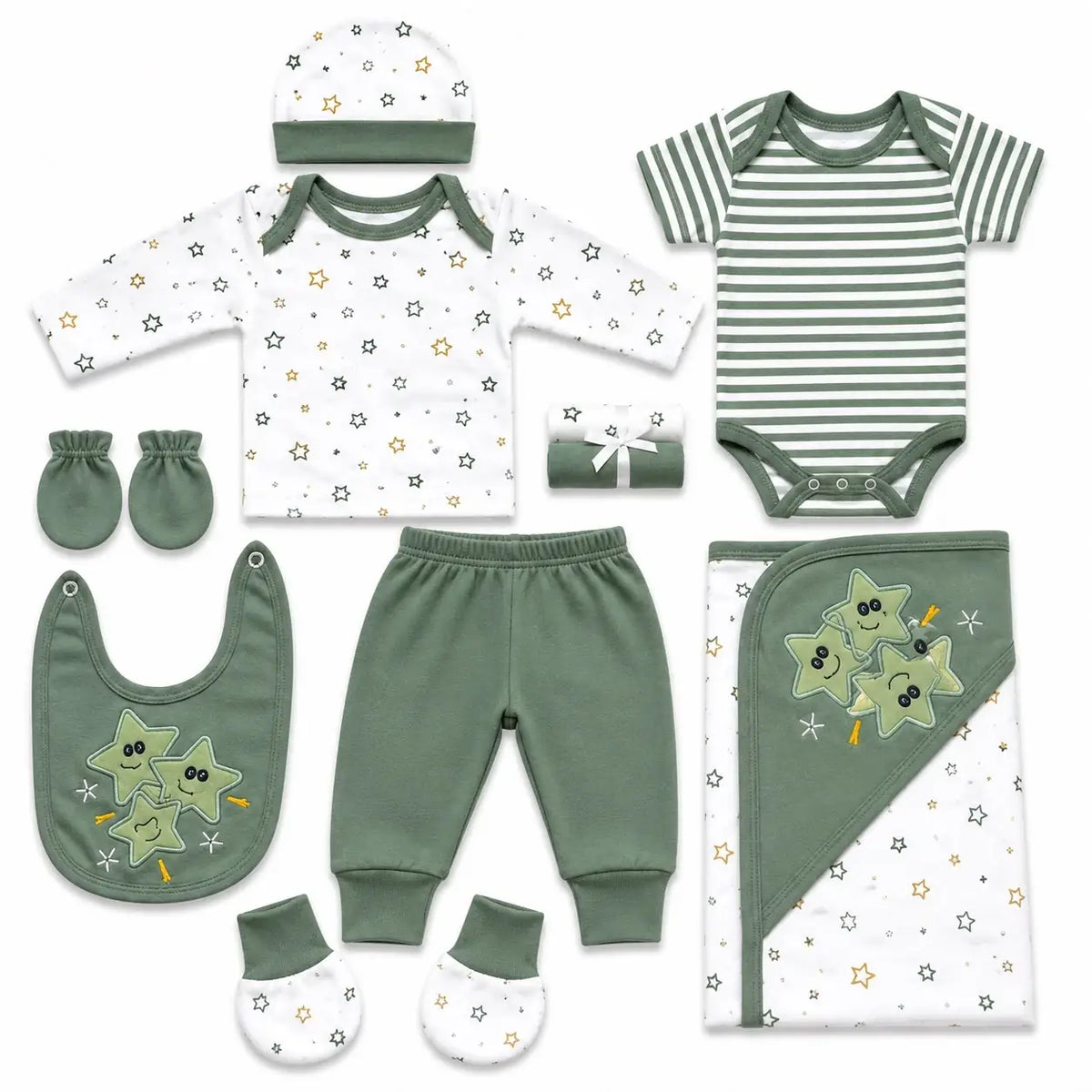 11 Pcs Newborn Baby Starter Set Green Star Print with Baby Clothes, Bib, Cap, Mittens and Wrapping Sheet