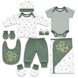 11 Pcs Newborn Baby Starter Set Green Star Print with Baby Clothes, Bib, Cap, Mittens and Wrapping Sheet