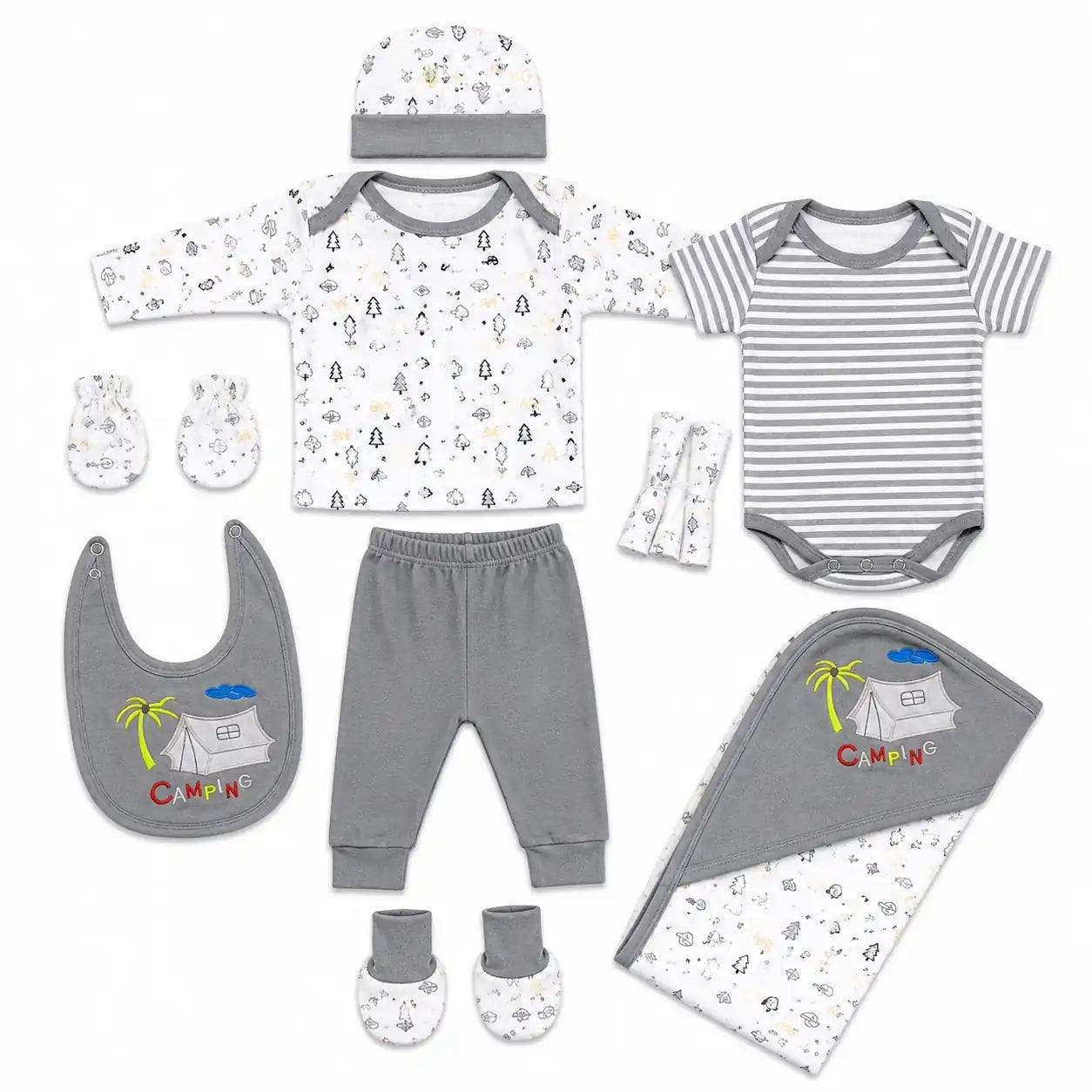 11 Pcs Baby Starter Gift Set – Grey Camping Design – Interlock Stuff (0–3 Months)