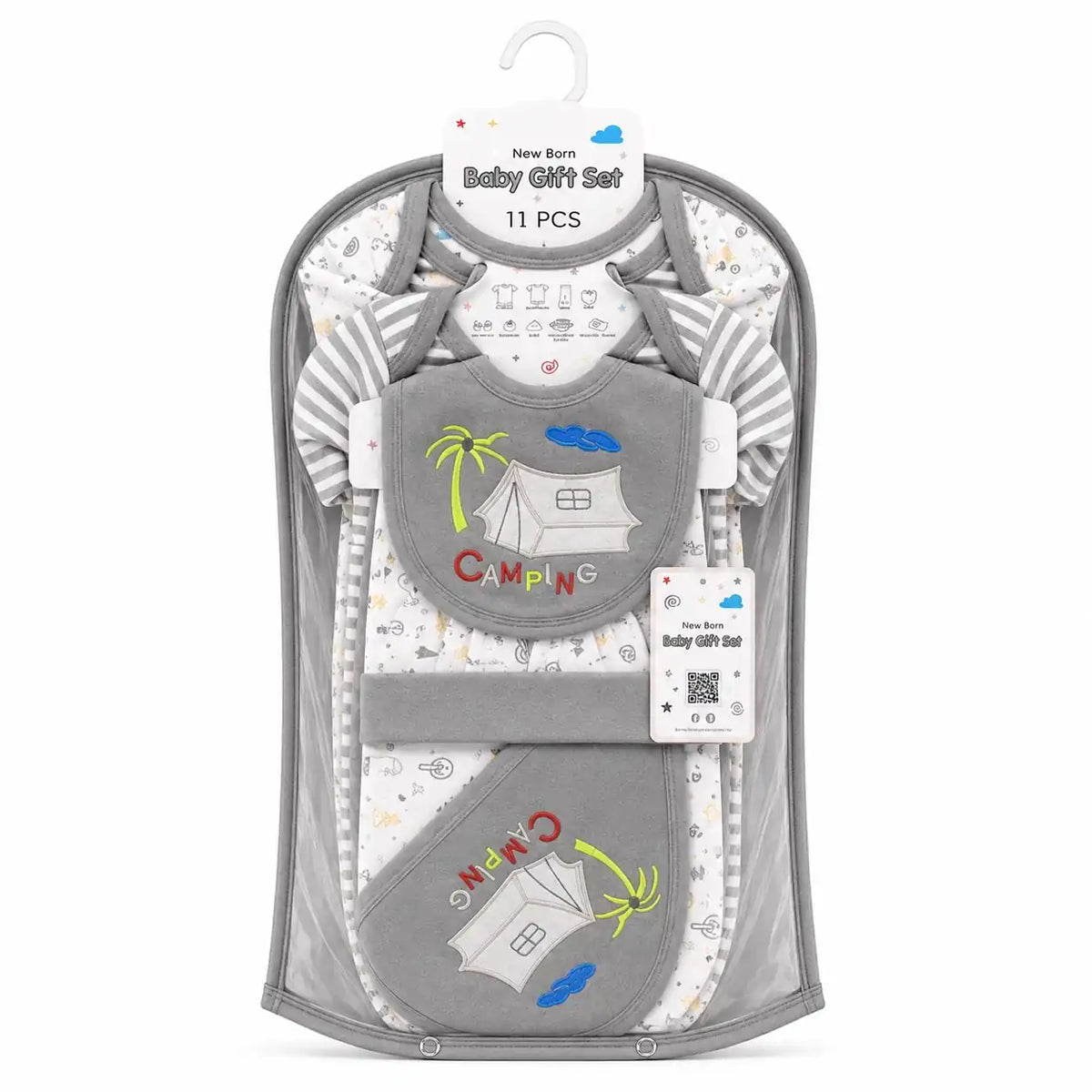 11 Pcs Baby Starter Gift Set – Grey Camping Design – Interlock Stuff (0–3 Months)