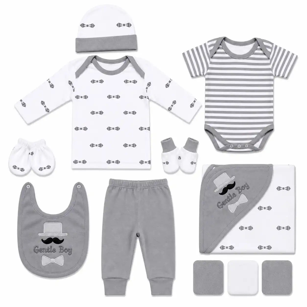 11 Pcs Grey Gentle Boy Baby Starter Set with Bodysuit, Shirt, Pant, Bib, Cap, Mittens, Booties and Wrapping Sheet