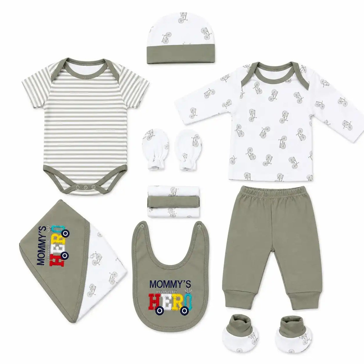 11 Pcs Baby Starter Set Grey Mommy’s Hero Design with Bodysuit, Shirt, Pant, Bib, Cap, Mittens, Booties and Wrapping Sheet